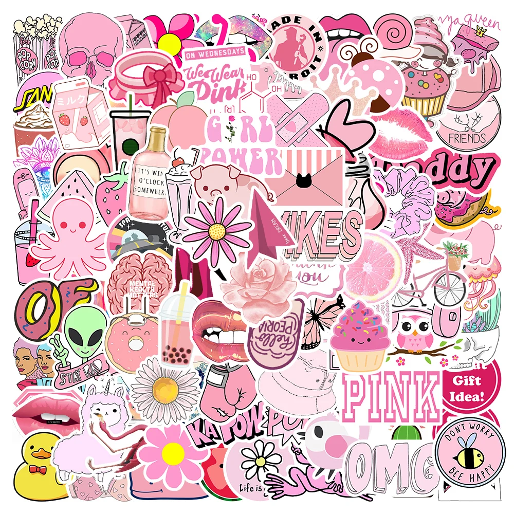 50/100pcs Cute Cartoon Pink Series Fresh Stickers For Luggage Guitar Phone Waterbottle Vinyl Waterproof Graffiti Laptop Decal