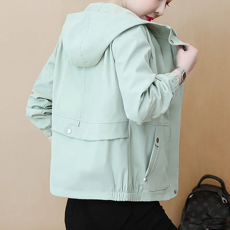 

Short Coat Ladies Hooded 2023 New Spring Autumn Long Sleeves Zipper Mother Windbreaker Fashion Loose Jacket Female Clothes H2345