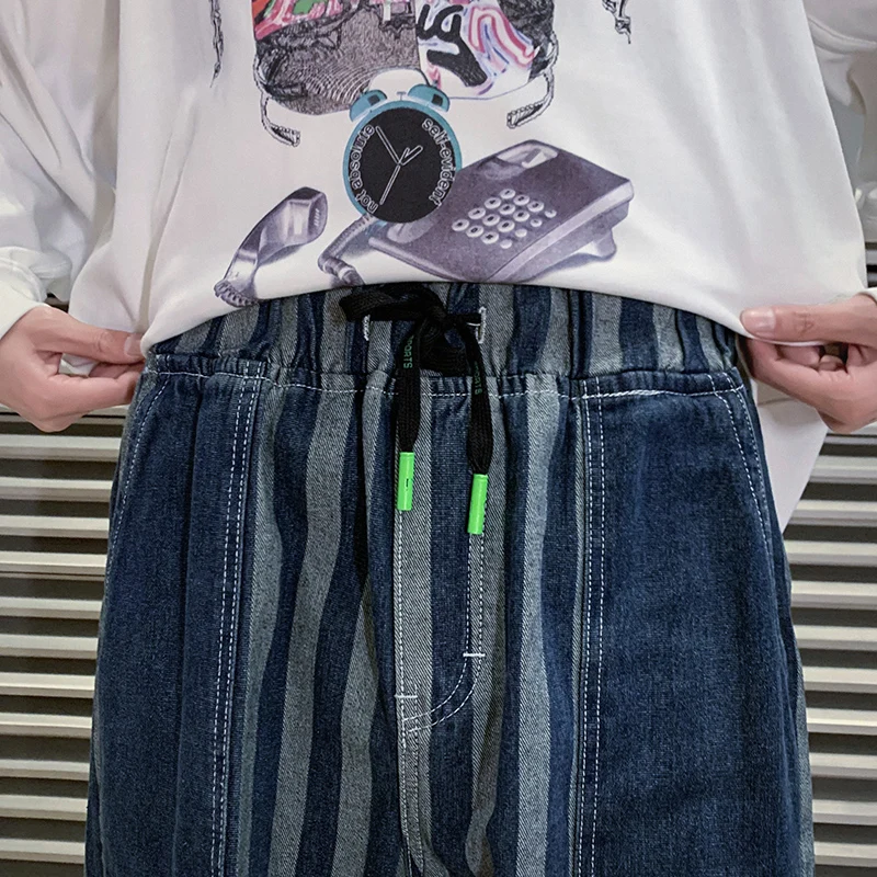 Men's Blue Striped Baggy Jeans 2022 Spring New Korean Fashion Y2k Style Denim Straight Wide Leg Pants Male Branded Trousers
