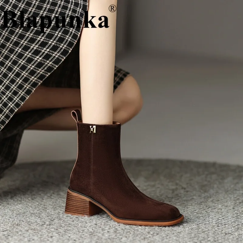 

Blapunka Women Kid Suede Boots Retro Zipper Block Medium Heels Short Boot 2024 Winter Lady Square Toe Soft Comfort Shoes Size 41