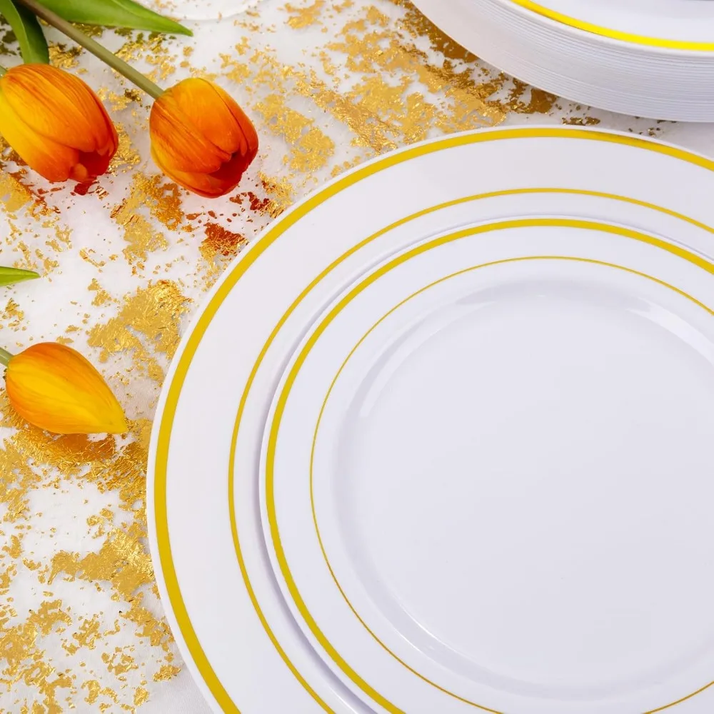 350 Pieces Plastic Plates-50 Guest Disposable Dinnerware Set Include 100 Plates, 50 Gold Plastic Silverware, Gold Napkins