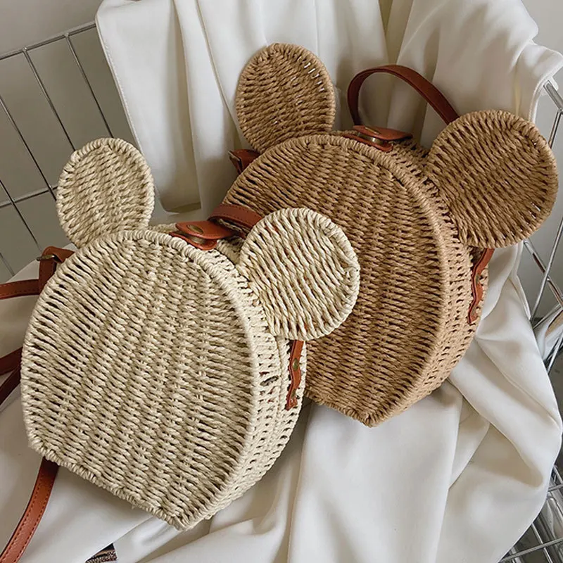 

Модные женские дизайнерские соломенные сумки Disney, милая сумочка из ротанга для путешествий и отдыха, маленькие круглые пляжные мешки-мышки