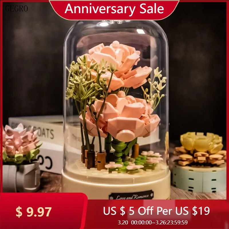 Flower Music Box Building Blocks Potted Bouquet Bonsai Bricks Plant DIY