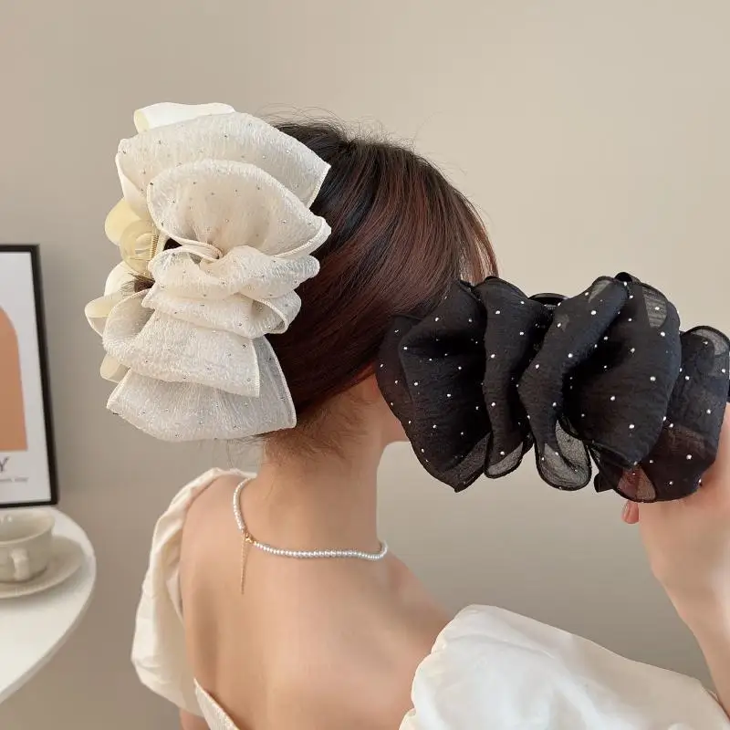 New Woman Extra Large Two-sided Gauze Cloud Design Bowknot Hair Claws Lady Hairpins Barrettes Gilrs Hair Clips Hair Accessories 3 3cm wide and thick cowhide double sided belt high quality men and women wide 3 8 cm leather design golf needle buckle belt a51