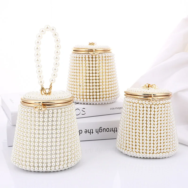 

New Bucket Design Pearl Women Evening Bags Beading Holder Day Clutch Wedding Bridal Handbags for Party Small Purse Women Bag