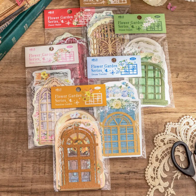 

15pcs/Pack Flower Garden Window Door Sticker Journal Decoration Vintage Scrapbook Collage Hollow Out Craft Stickers