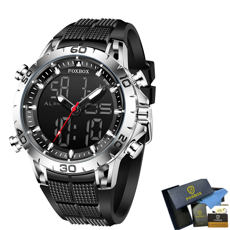 FOXBOX Luxury Dual Display Men Watches Waterproof Sports Watch Military Man Alarm Stopwatch Quartz Wristwatch Male Digital Clock