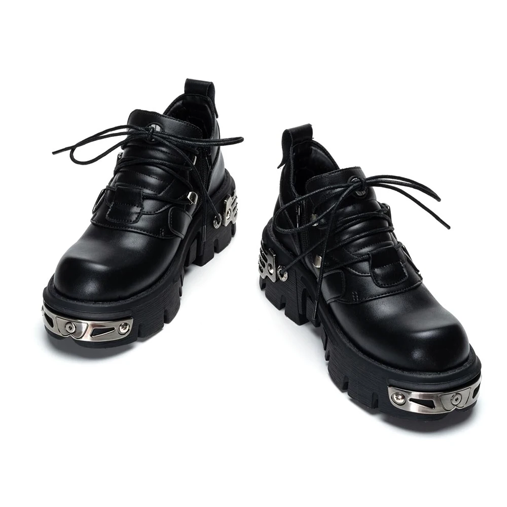 2023 New Dark Punk Style Woman Gothic Flame Carved Vintage Rock Boots Leather Shoes Metal Niche Low Top Platform Shoes