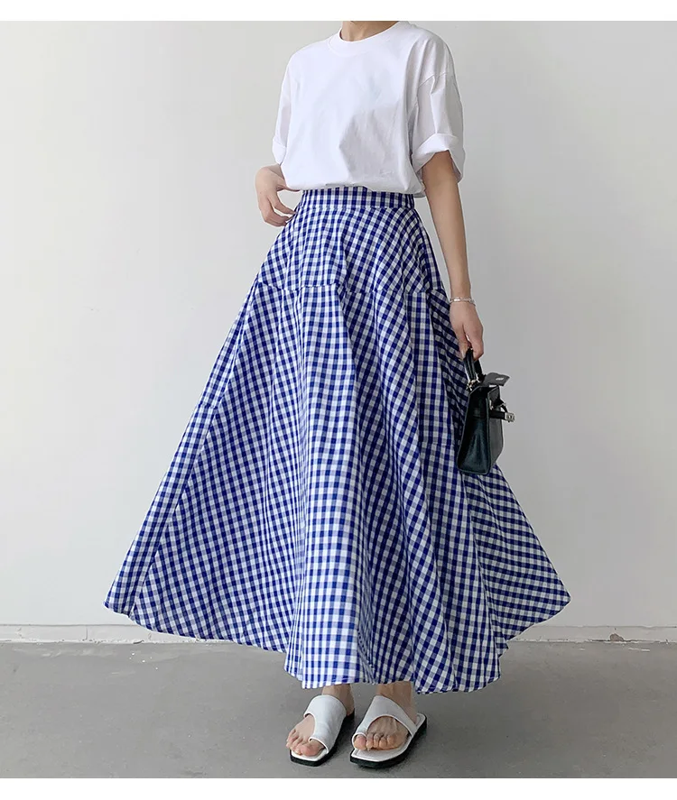 Korean Style Colored Plaid A-line Long Cotton Skirts 7