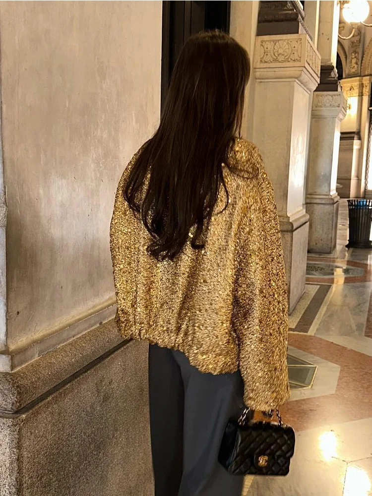 Elegant Sequin Gold Bomber Jacket For Women Long Sleeve Loose Single Breast  Female Coats Fashion 2023 Stand Collar Jackets Lady