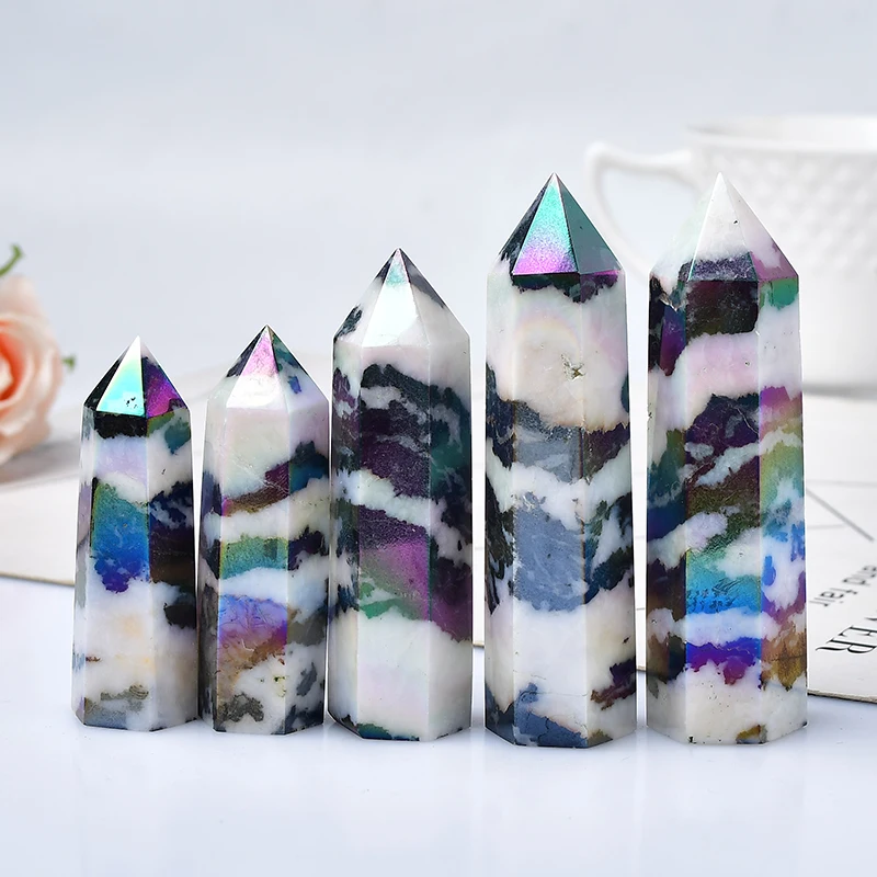 Natural Aura Stone Crystal Point Healing Obelisk Black and White Zebra Quartz Wand Home Decor Pyramid Ornament