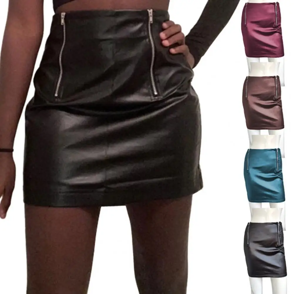 

High-waisted Skirt High Waist Faux Leather Mini Skirt for Women Slim Fit Above Knee Club Party Skirt with Zipper Closure Solid