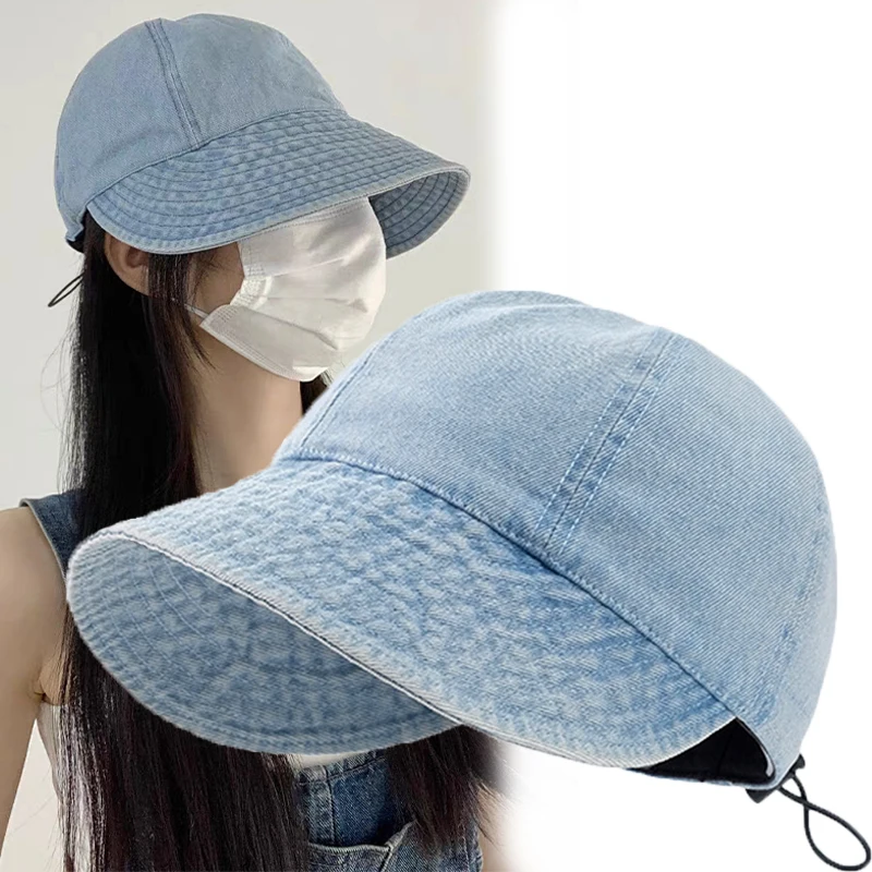 여성용 여름 데님 버킷햇, 접이식 와이드 브림 선바이저, 단색 소프트 캡, 야외 스포츠 러닝 썬햇 스냅백 캡