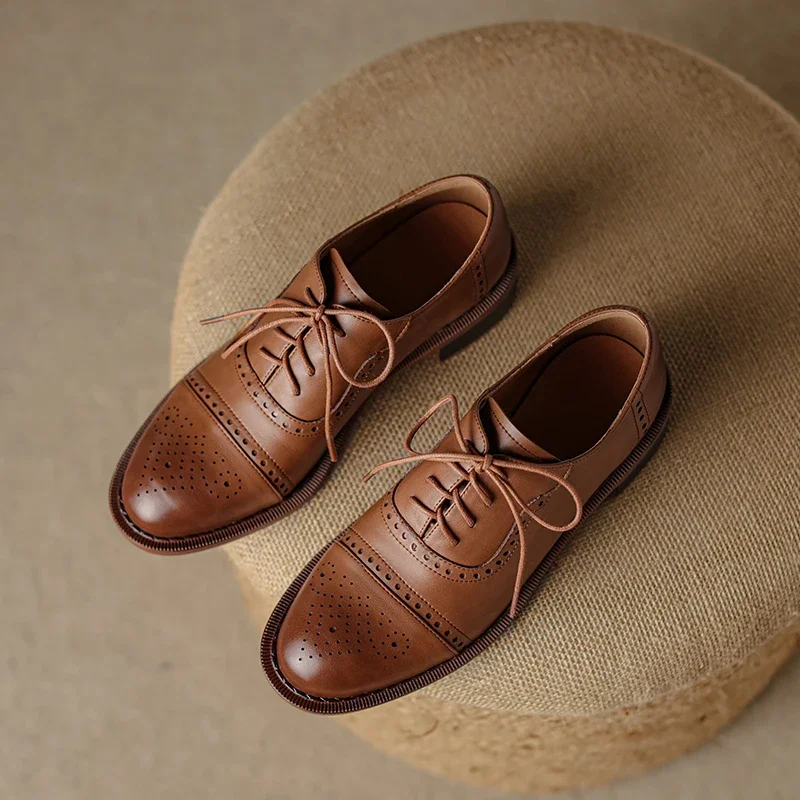 

2023 spring autumn women pumps natural leather plus size 22-26.5cm cowhide+pigskin full leather loafers Retro brogue women shoes