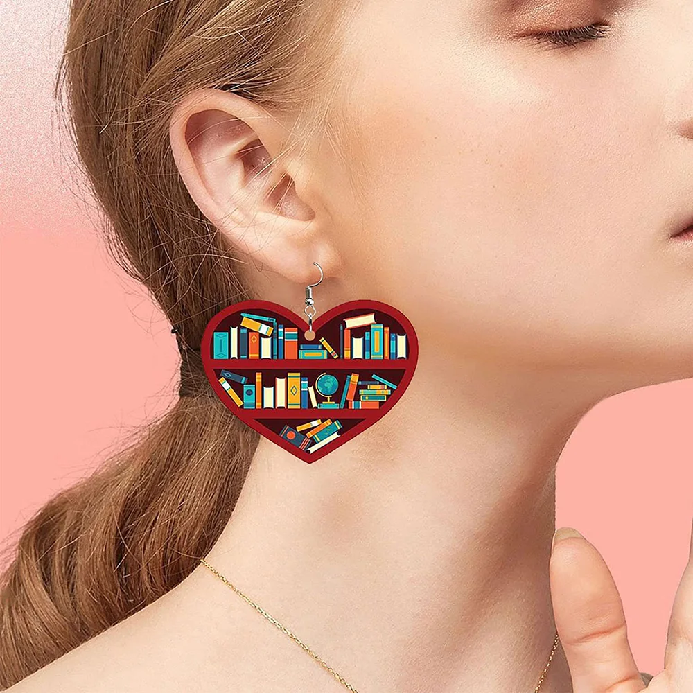 2023 New Fashion Book Lovers Heart Librarian Earring Gift for Girl Lover Heart Librarian Cute Pendant Earrings Acrylic Earrings