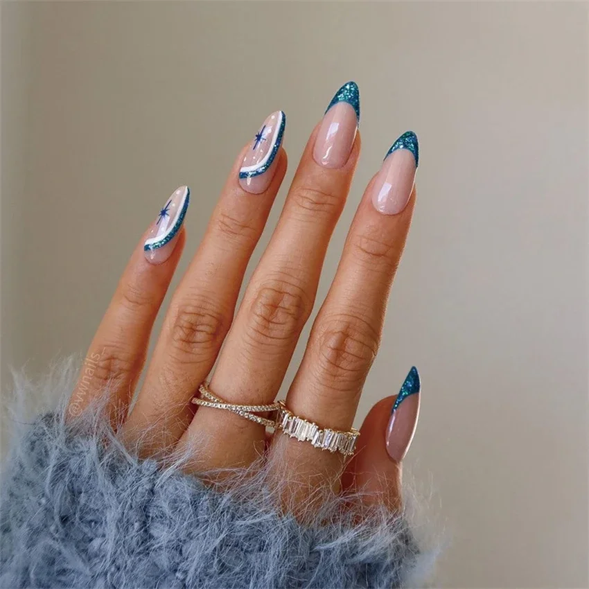 Fake nails 24Pcs French almond multicolor wave finished full acrylic removable press on nail art glossy waterproof