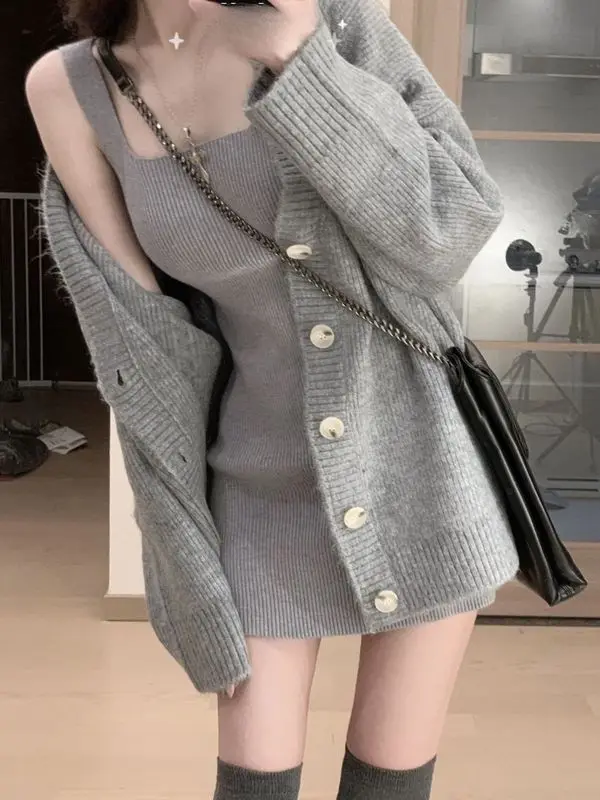 

Женский Повседневный Трикотажный костюм, серый комплект из 2 предметов, Кардиган с длинным рукавом и облегающее платье, осень 2023