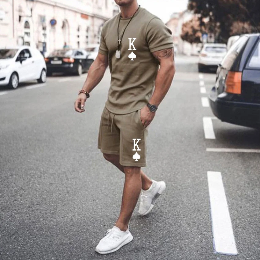 Men's Tracksuit 2 Piece Set Summer Solid Sport Hawaiian Suit Short Sleeve T Shirt and Shorts Casual Fashion Man Clothing jogging suits for men Men's Sets