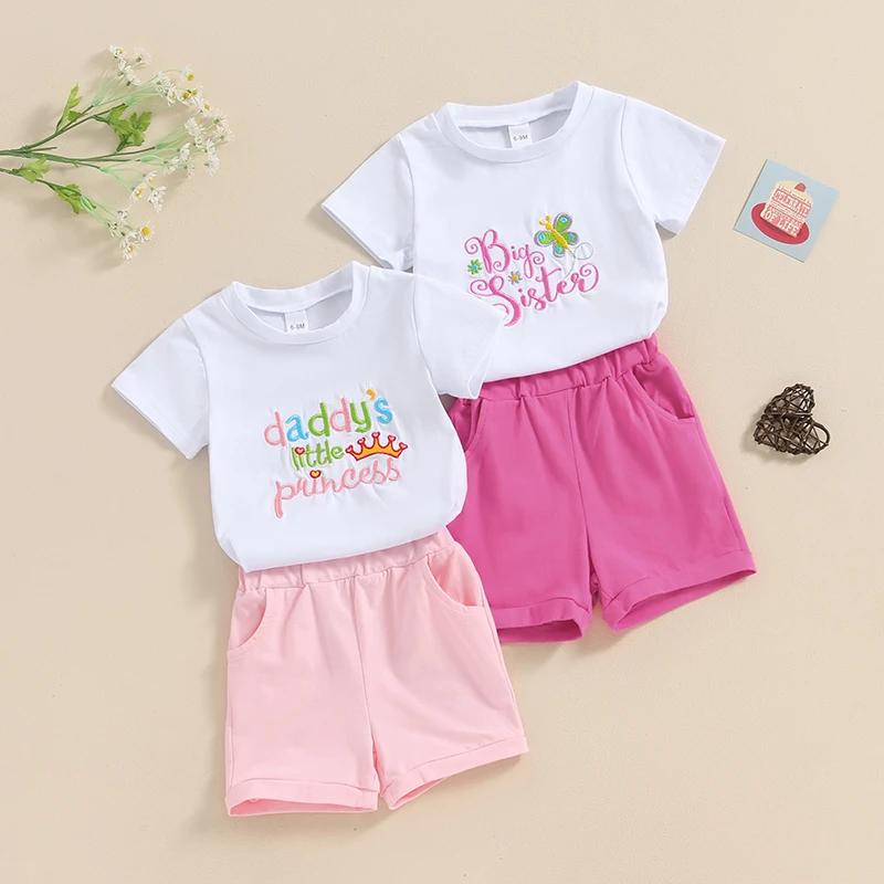 

2024-03-19 Lioraitiin Toddler Girl Summer Outfit Letter Crown Embroidery Short Sleeve Round Neck Tops with Solid Color Shorts