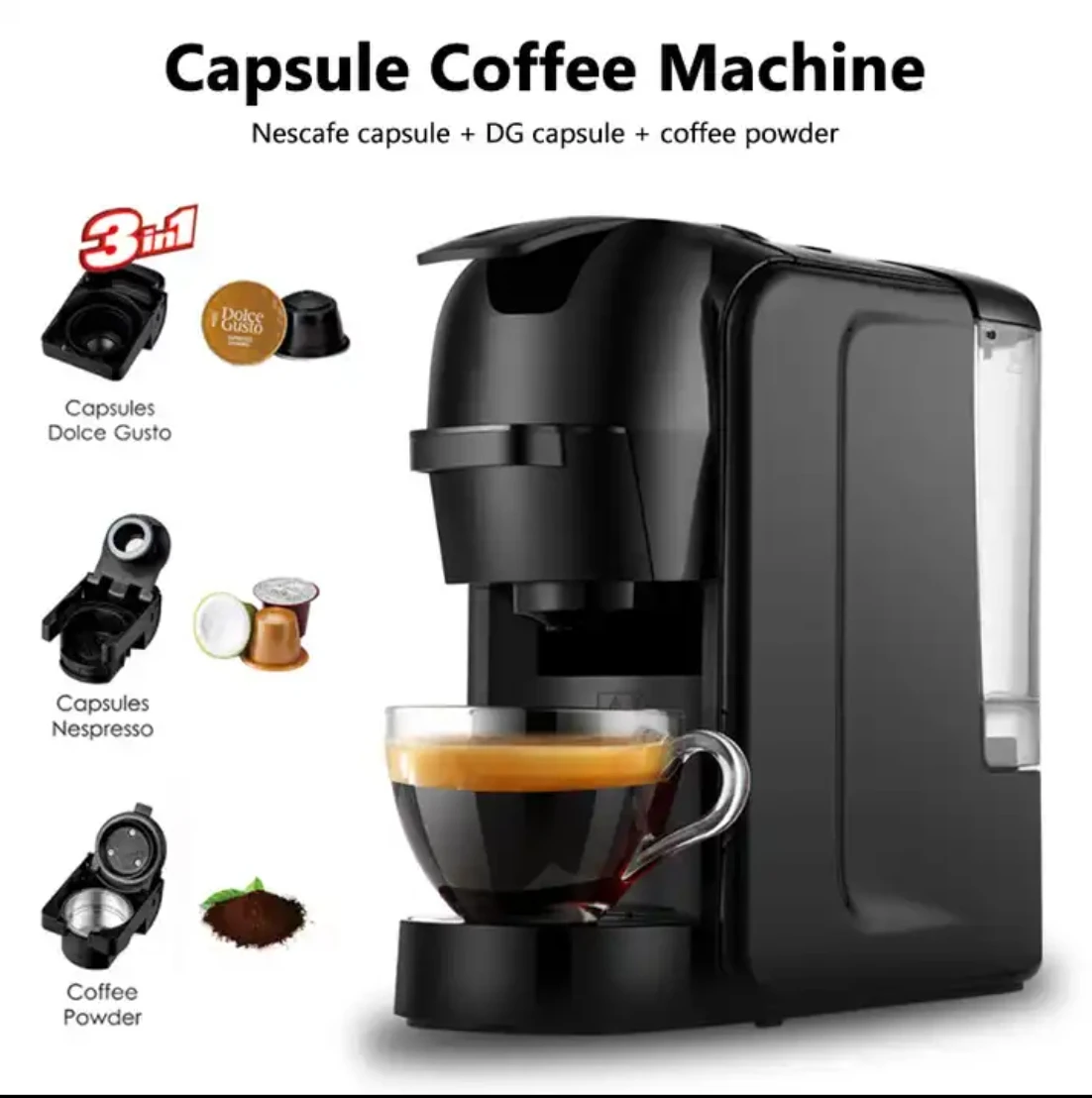 Capsule Coffee Machine 3 In1 Home Automatic Capsule Coffee Maker 220V Cappuccino Coffee Ground Coffee Cafeteria 19Bar