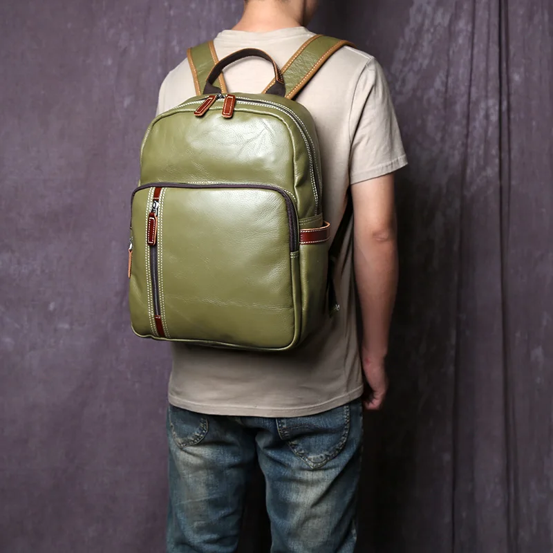 حقيبة ظهر من الجلد الطبيعي للرجال ، حقيبة كمبيوتر محمول بسيطة وعصرية مقاس 15 بوصة على شكل كتاب بطبقات من جلد البقر