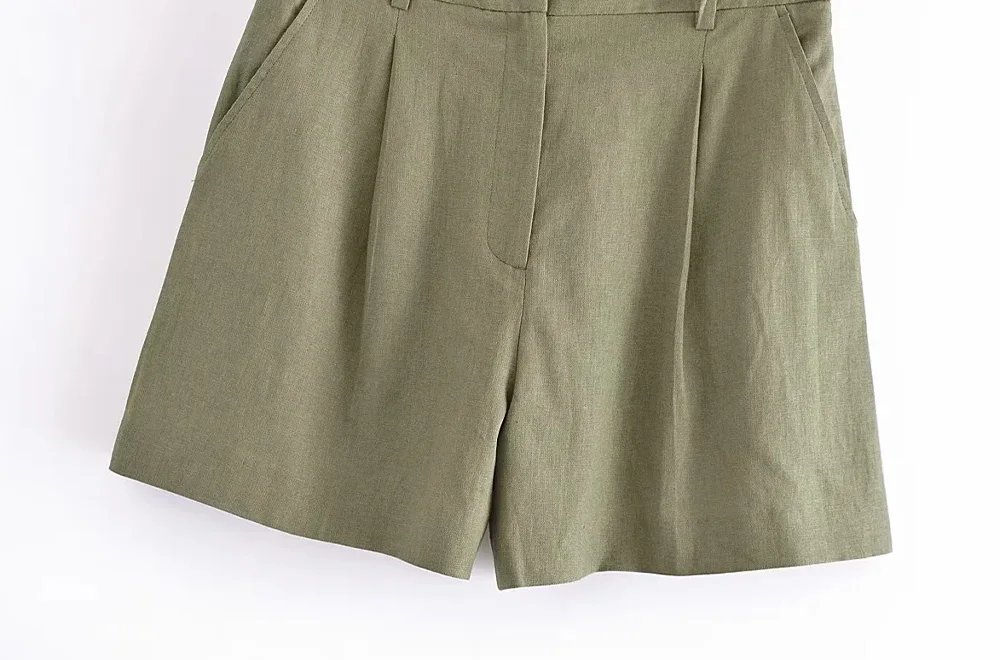 TRAF Women Fashion Side Pockets Front Darts Linen Shorts Vintage High Waist Zipper Fly Female Short Pants Mujer Casual Clothes