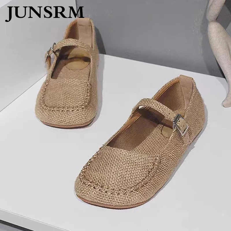 

2023 Spring Summer New Designer Square Head Woven Flat Shoes A Word Buckle Mary Jane Shoes Female Shallow Casual Daily Loafers