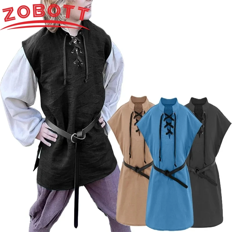 

Children Medieval Renaissance Grooms Pirate Tunic Top Larp Costume Lace Up Shirt Middle Age Viking Cosplay Warrior Top