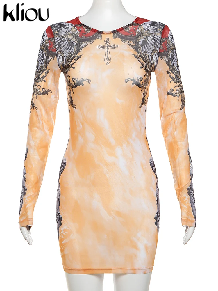 kliou Aesthetic Panelled Print Fall Dress Women Fashion Full Sleeve Round Neck Body-shaping Robe Female Classic Street Vestidos 4