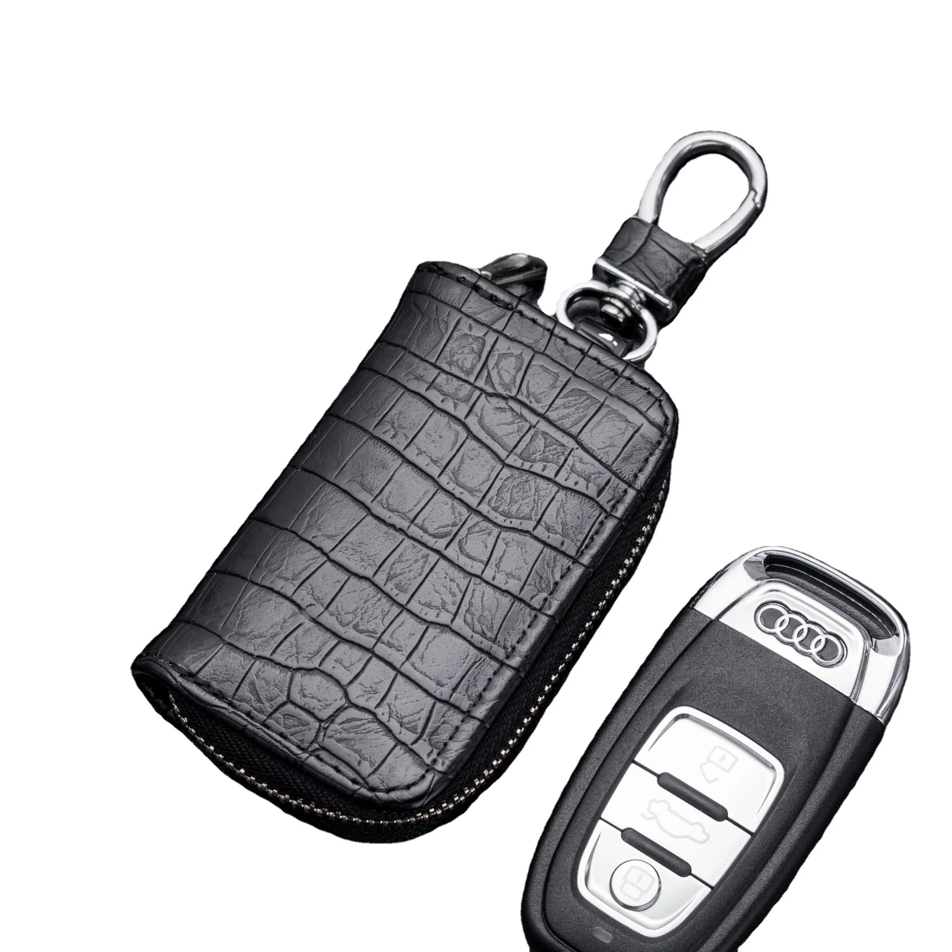 Fashion Pu Leather Car Key Bag Unisex Crocodile Print Zipper Key Housekeeper Cow Split Leather Organizer Case Wallet For Men key case,key holder,key organizer,key purse