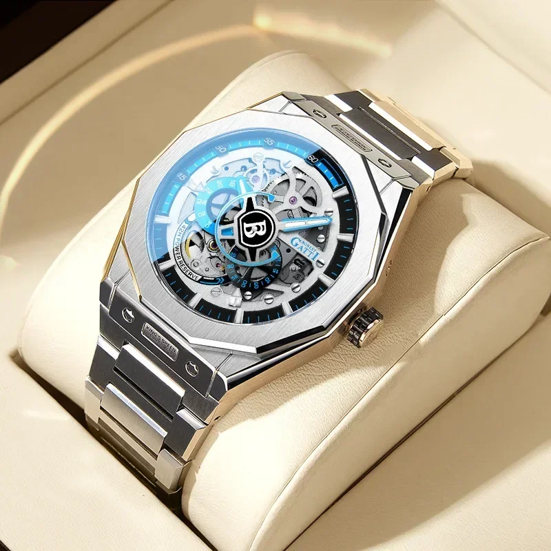 BONEST GATTI Men's fully automatic hollow mechanical watch, speed dial, steel strip, waterproof and luminous