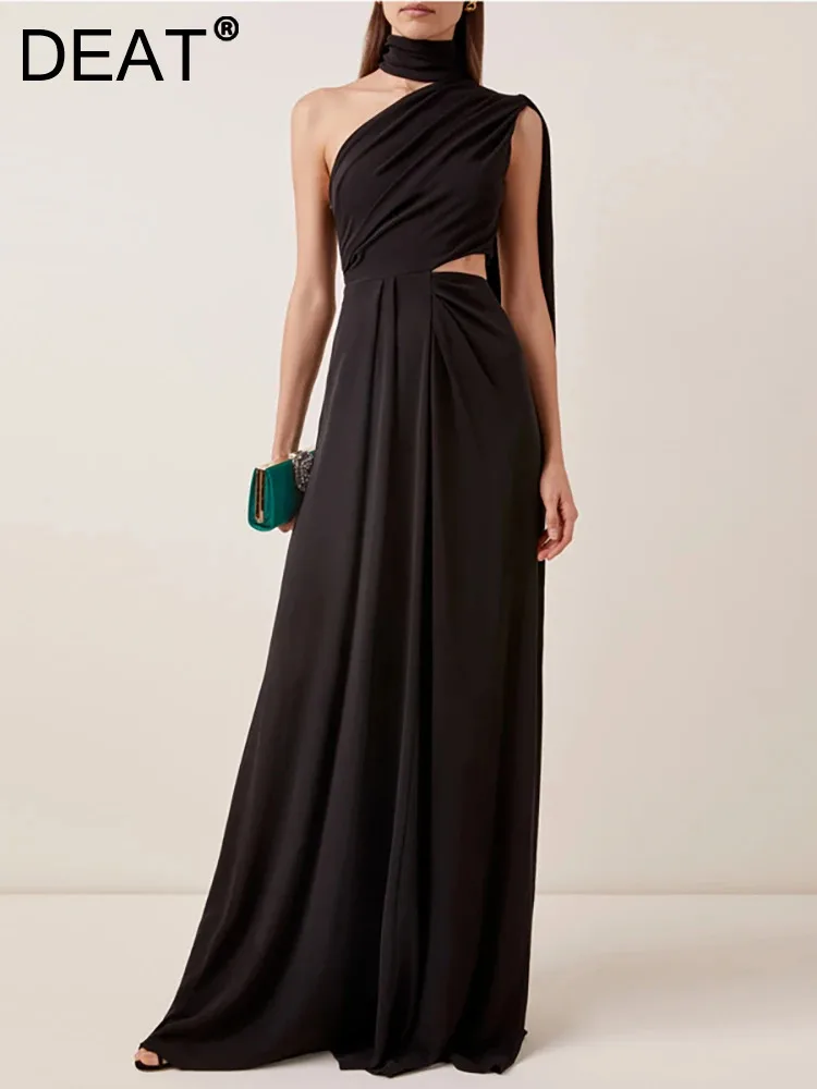 

DEAT Women's Fashion Hollow Out Dress Diagonal Collar Pleated Chiffon Elegant Party Dresses Evening Summer 2024 New 13DB3081
