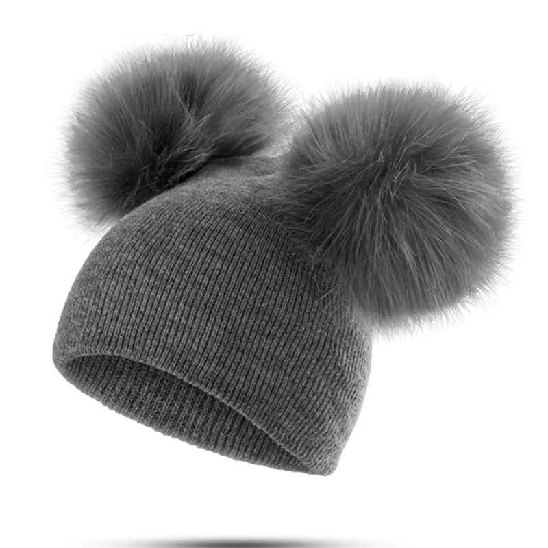 Beanies Infant Newborn Baby Hat Pompon Winter Children Hat Knitted Cute Cap with Two Double Pom Pom Ear For Girls Boys 4