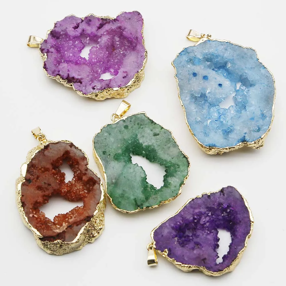 Selling Natural Agates Stone Irregular Gilt Edge Pendants Necklace Colorful Druzy Geode Charms Jewelry Making Bracelet Gift 8Pcs