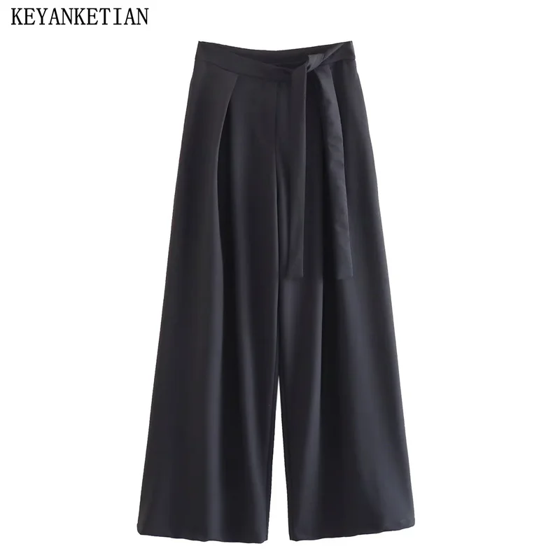 

KEYANKETIAN Autumn/Winter New Women's Fold Lace-Up High Waist Wide Leg Pants Street Style Loose Asymmetrical Slacks Trousers