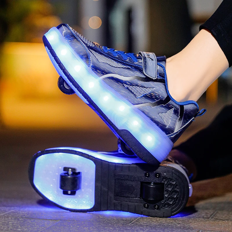 Designer Luxe Kinderen Twee Wielen Lichtgevende Gloeiende Sneakers Led Licht Rolschaats Schoenen Kids Jongens Meisjes Usb Opladen Sneakers