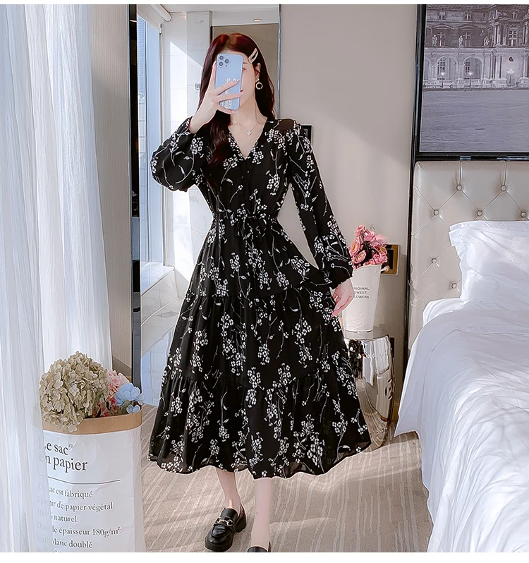 Spring Black Floral Chiffon Long Sleeve V-Neck Midi Dress 2023 New White  Elegant Casual Dress Women Korean Vintage Hepburn Dress - AliExpress