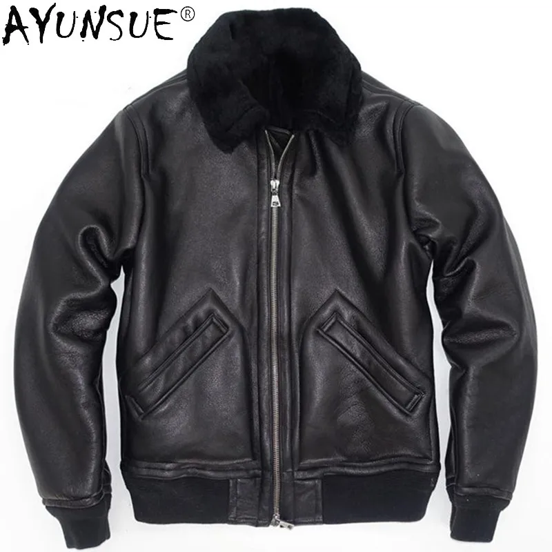 AYUNSUE зимние мужские кожаные куртки из натуральной овечьей кожи, черная теплая Толстая шерстяная куртка с воротником, корейский стиль, мужская модель Gmm40 1