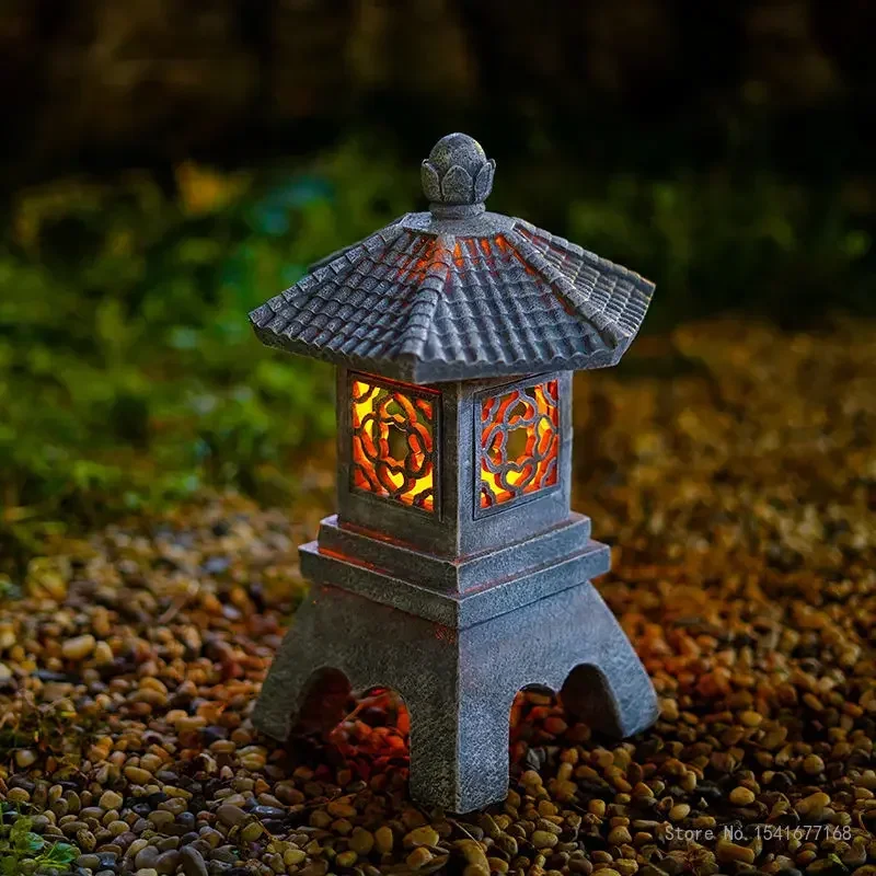 Chinese Creative Charging Solar Lantern, Resin Imitation Stone Pagoda, Interior Landscape, Night Lantern, Home Decor, 34 cm, 1Pc
