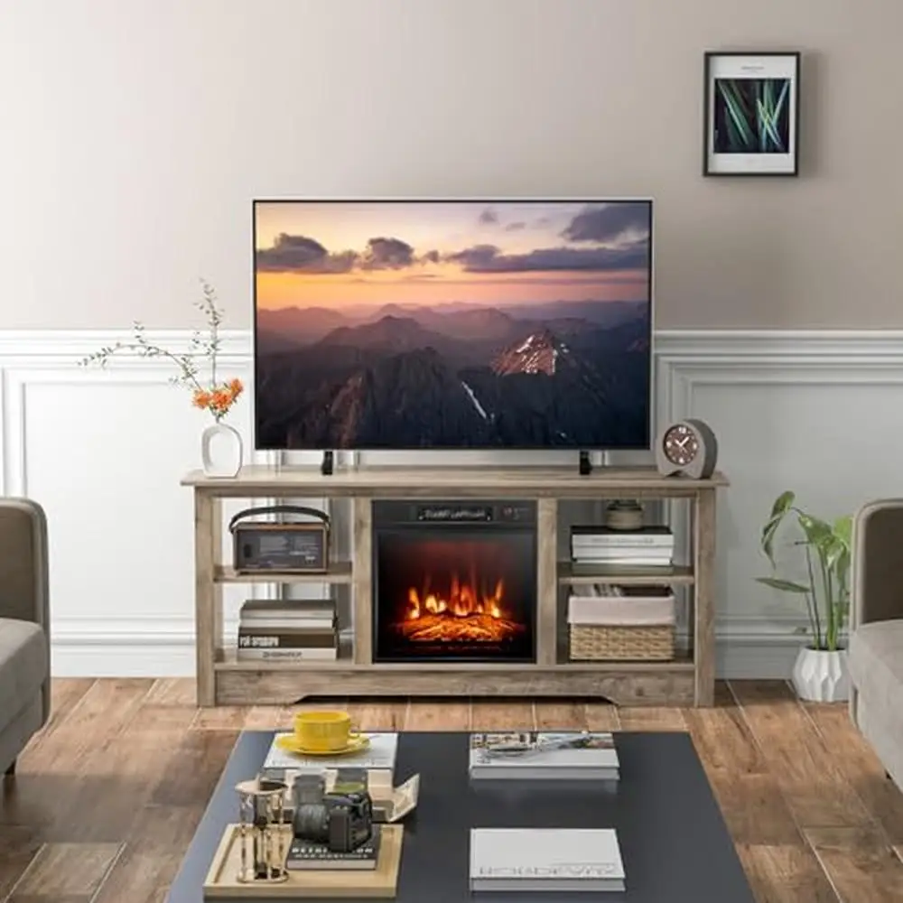 Fireplace TV Stand Entertainment Center 58" with 18" Electric Heater 1400W Remote Adjustable Brightness Storage Space Organized
