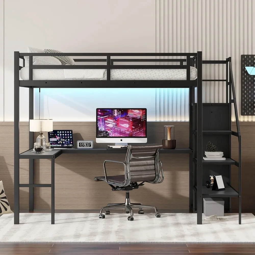 Full Size Gaming Loft Bed with L-Shaped Desk, LED and Charging Station,Wardrobe and Adjustable Shelf for Kids Teens Adults,Black 2