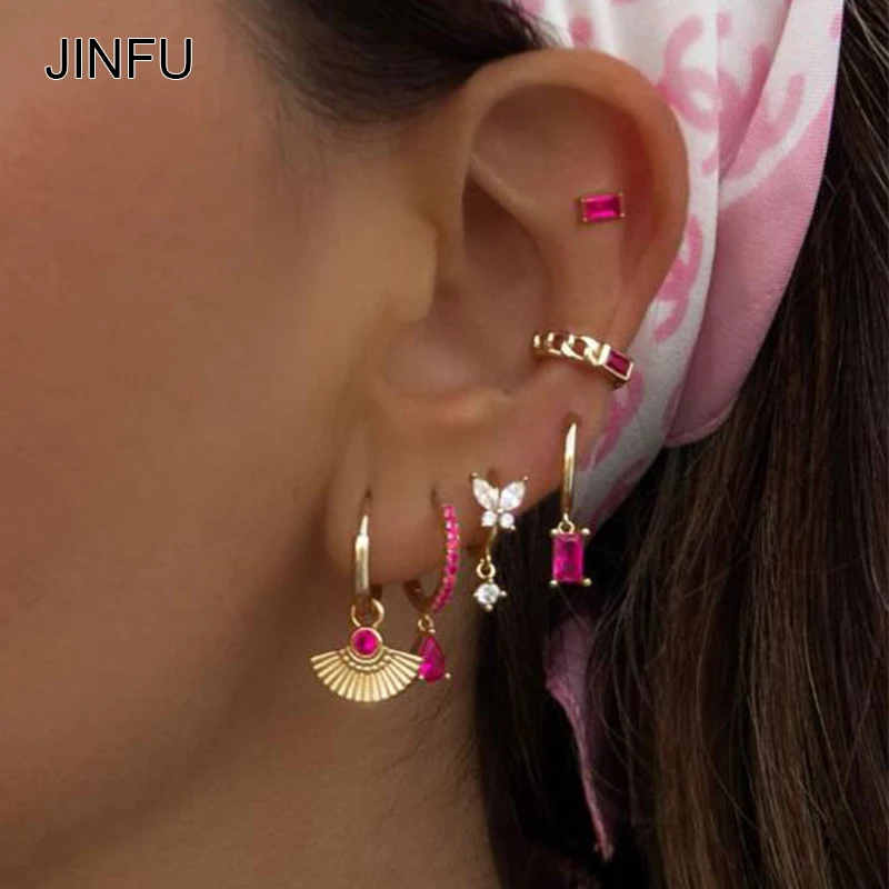 

JINFU Copper Gold Plated Clip Drop Earrings For Women Red CZ Zircon Shell Dangle Earrings 2022 Fashion Jewelry Wholesale