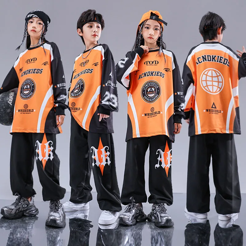 Kid Cool Hip Hop Clothing Orange Black Print Sweatshirt Casual Street Sweat Jogger pants for Girl Boy Jazz Dance Costume Clothes