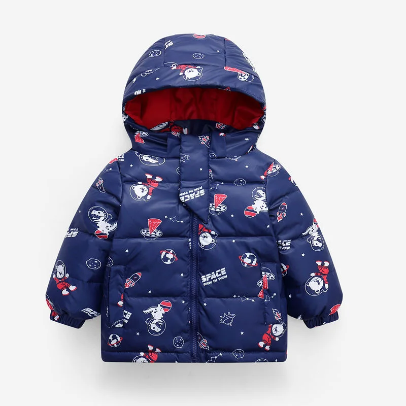 Korean Autumn Winter Children Boy Down Jacket Cartoon Space Bear Hooded