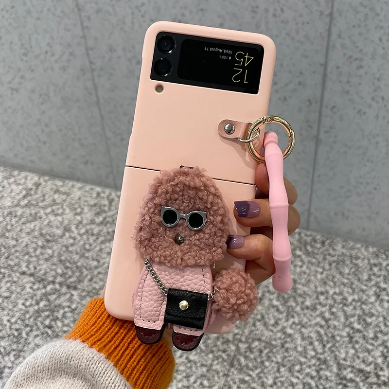 

For Samsung Galaxy ZFlip3 Cover Original Cute Pink Teddy Dog Cases with Rhombus Handle for Z Flip 3 Samsung F7110 Case