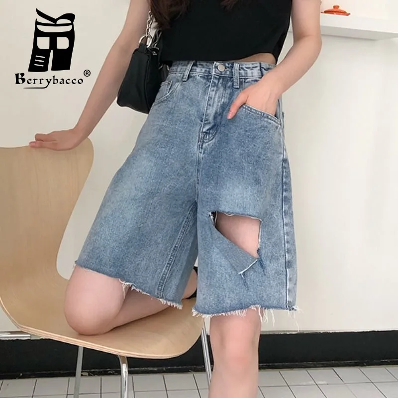 Ripped Oversize Jeans High Waisted Jeans Woman Cargo Pants Y2k Shorts Women's Denim Trousers Knee Length Korean Fashion Baggy