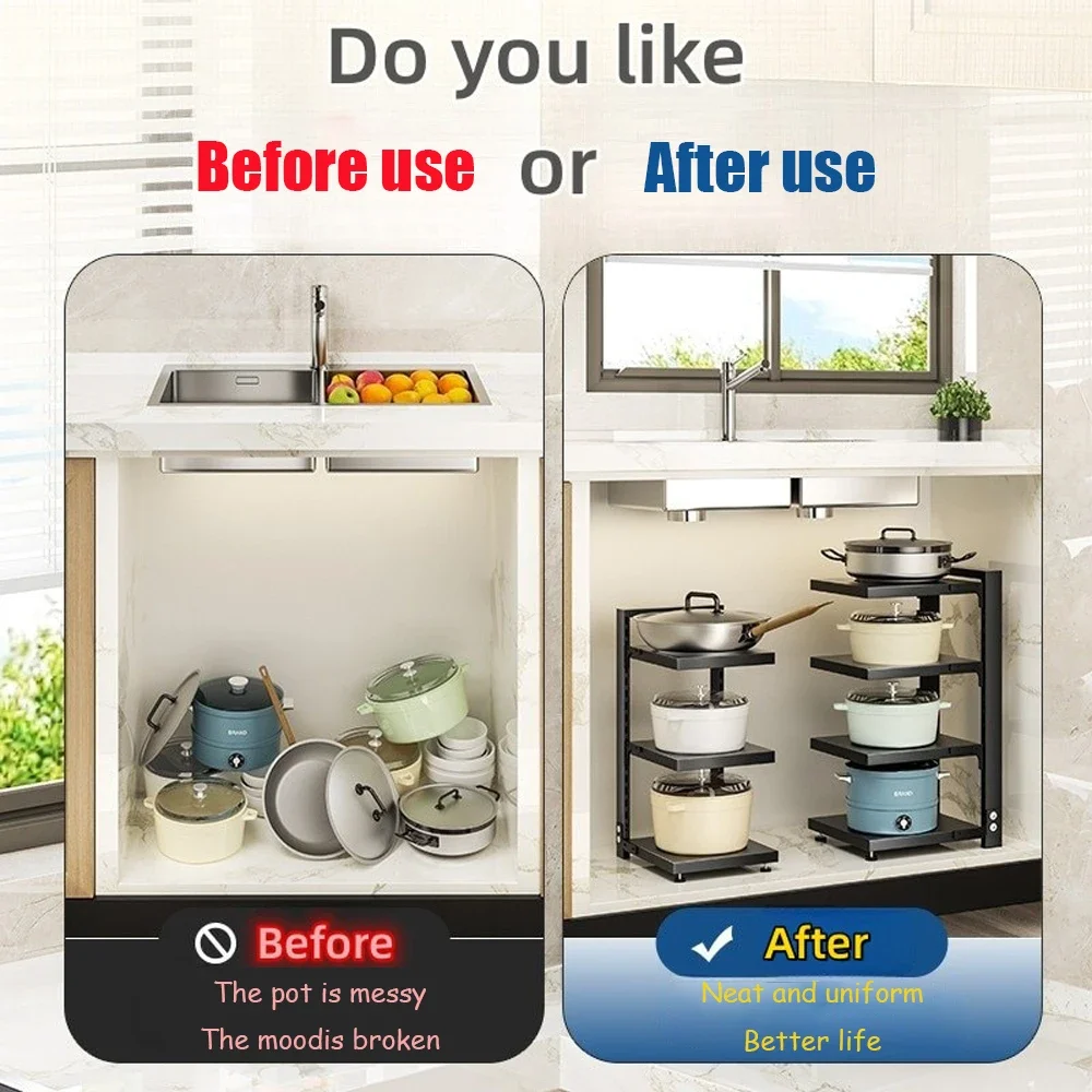 Sink Layered Pot Rack Free Layering Kitchen Pans Organizer Rustproof Snap-On Stainless Adjustable Pot Storage Rack Under Cabinet 2