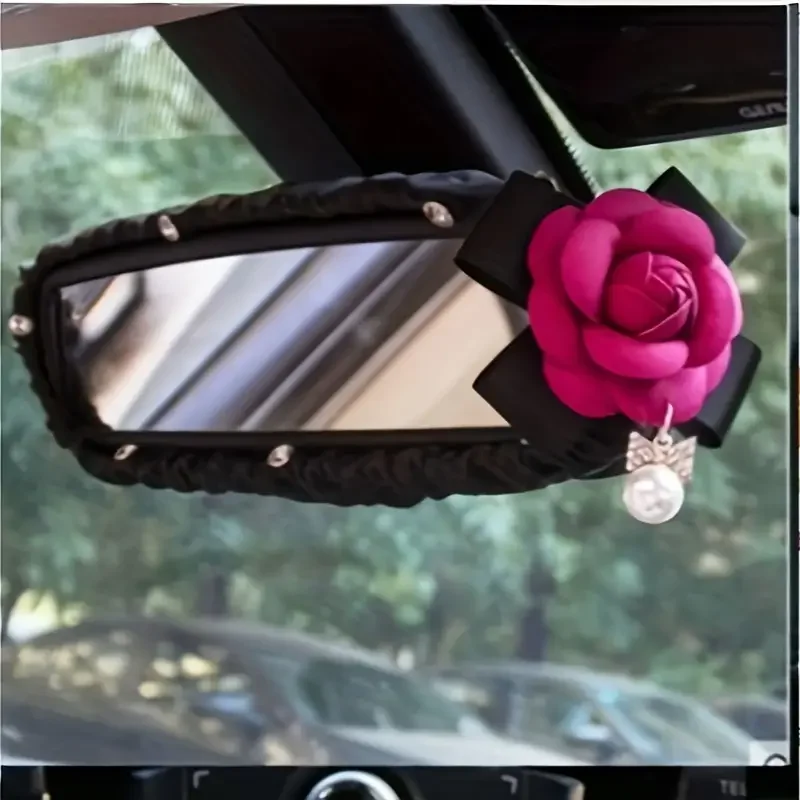 Leather Car Rearview Mirror Cover Camellia Flower Pearls Auto Interior Rear View Mirror Decoration Car Accessories for Women