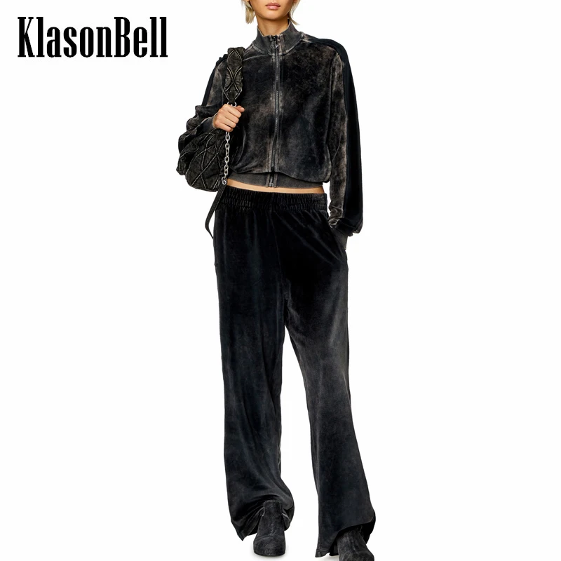 

3.11 KlasonBell Vintage Washed Distressed Diamonds Letter Zipper Jacket Or Elastic Low Waist Straight Pants Velvet Set Women