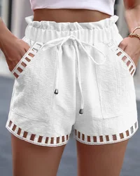 Hollow Out Drawstring Belted Shorts Women Solid Color Spring Summer Fashion Sexy Shorts Pants Pockets